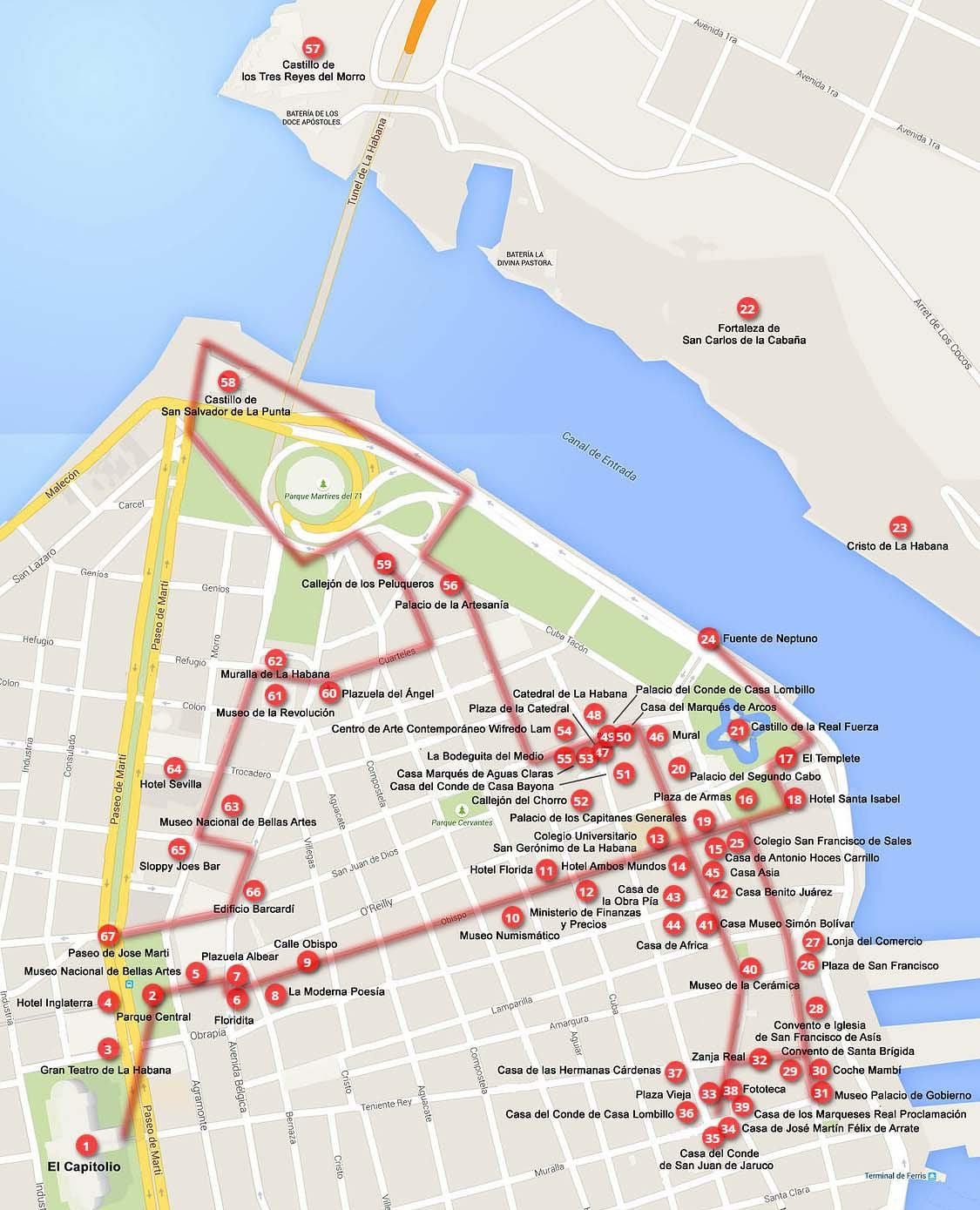 karta över Havanna rundvandring